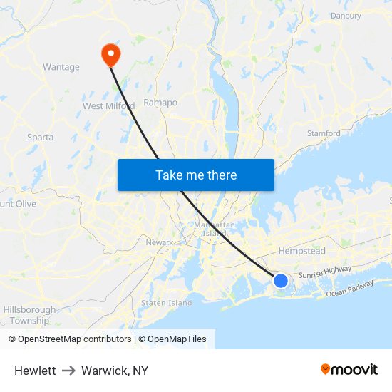 Hewlett to Warwick, NY map