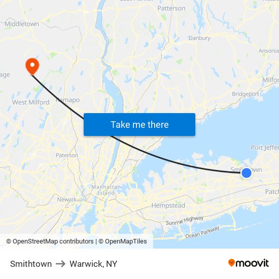 Smithtown to Warwick, NY map