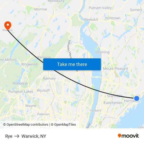 Rye to Warwick, NY map