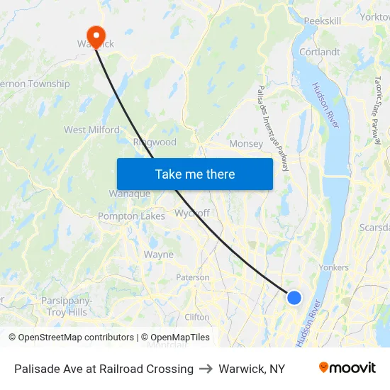 Palisade Ave at Railroad Crossing to Warwick, NY map