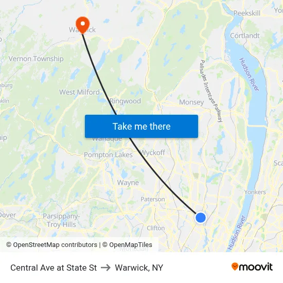 Central Ave at State St to Warwick, NY map