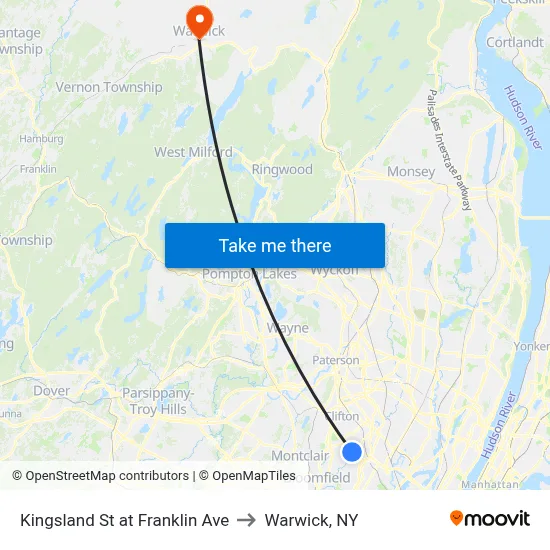 Kingsland St at Franklin Ave to Warwick, NY map