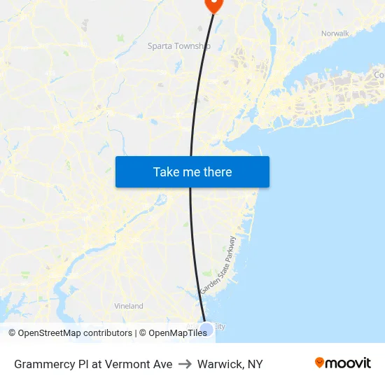 Grammercy Pl at Vermont Ave to Warwick, NY map