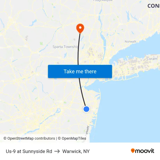 Us-9 at Sunnyside Rd to Warwick, NY map