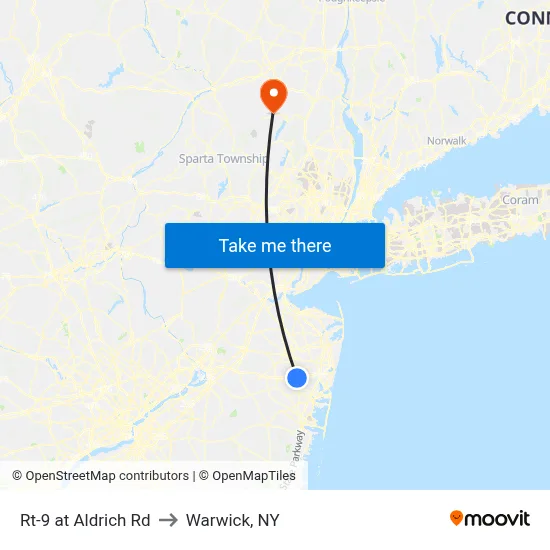 Rt-9 at Aldrich Rd to Warwick, NY map