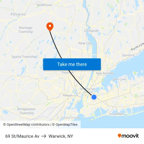 69 St/Maurice Av to Warwick, NY map
