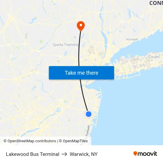 Lakewood Bus Terminal to Warwick, NY map