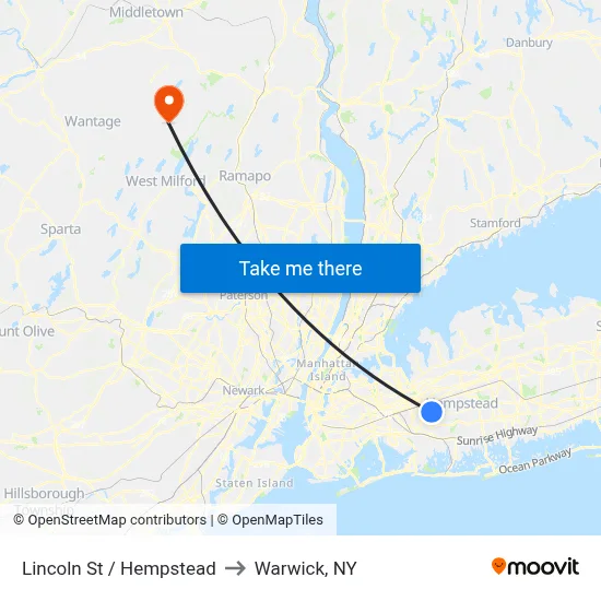 Lincoln St / Hempstead to Warwick, NY map