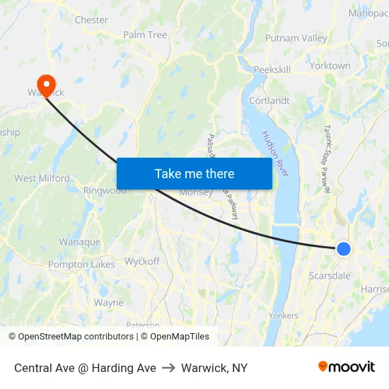 Central Ave @ Harding Ave to Warwick, NY map