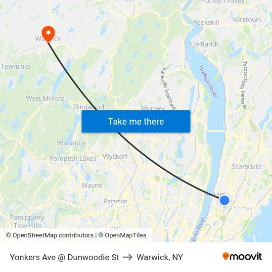 Yonkers Ave @ Dunwoodie St to Warwick, NY map