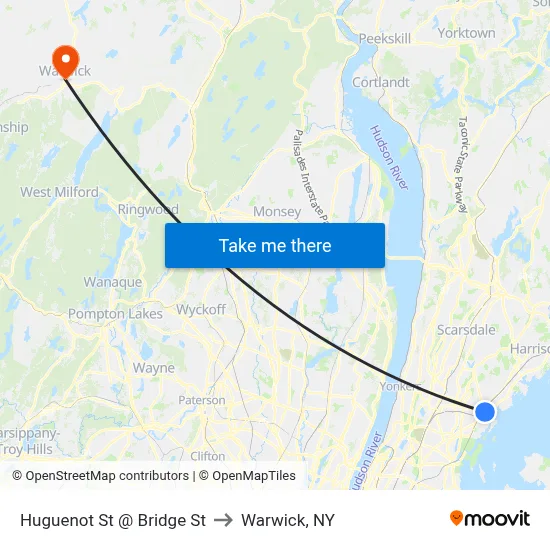 Huguenot St @ Bridge St to Warwick, NY map