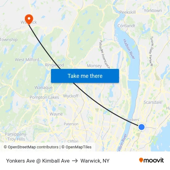 Yonkers Ave @ Kimball Ave to Warwick, NY map