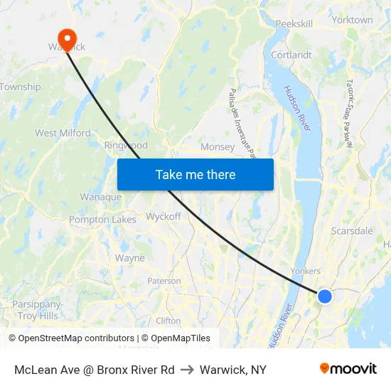 McLean Ave @ Bronx River Rd to Warwick, NY map
