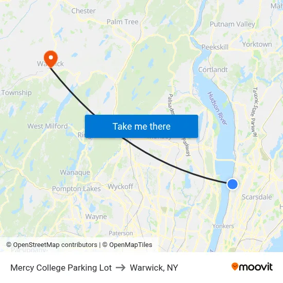 Mercy College Parking Lot to Warwick, NY map
