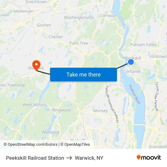 Peekskill Railroad Station to Warwick, NY map