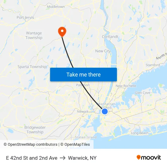 E 42nd St and 2nd Ave to Warwick, NY map