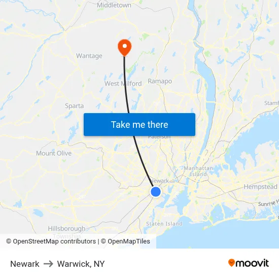 Newark to Warwick, NY map