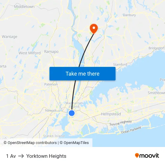 1 Av to Yorktown Heights map