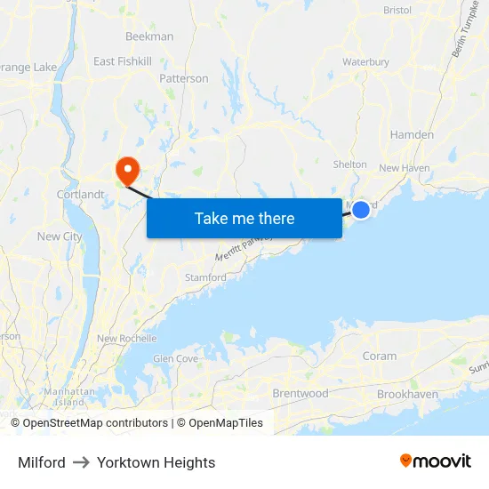 Milford to Yorktown Heights map