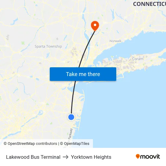 Lakewood Bus Terminal to Yorktown Heights map
