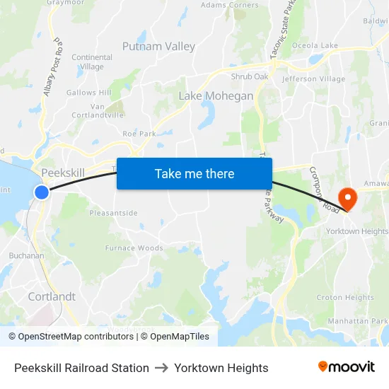 Peekskill Railroad Station to Yorktown Heights map