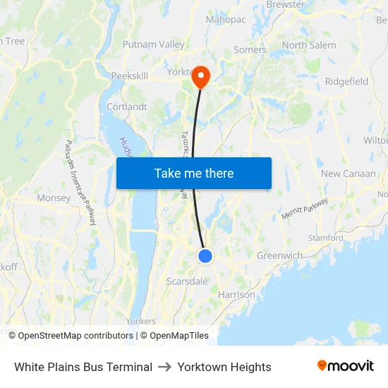 White Plains Bus Terminal to Yorktown Heights map