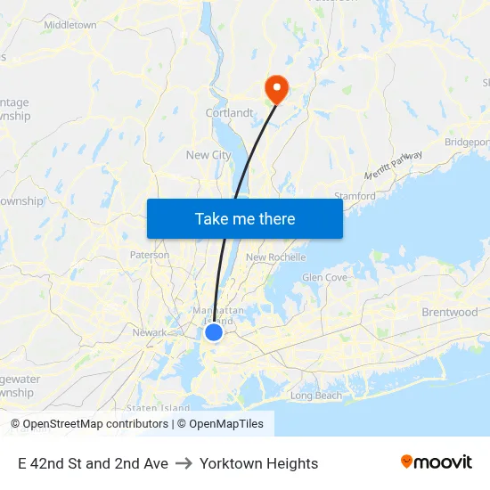 E 42nd St and 2nd Ave to Yorktown Heights map