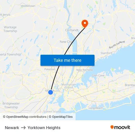 Newark to Yorktown Heights map