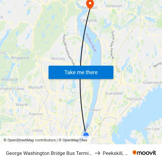 George Washington Bridge Bus Terminal to Peekskill, NY map