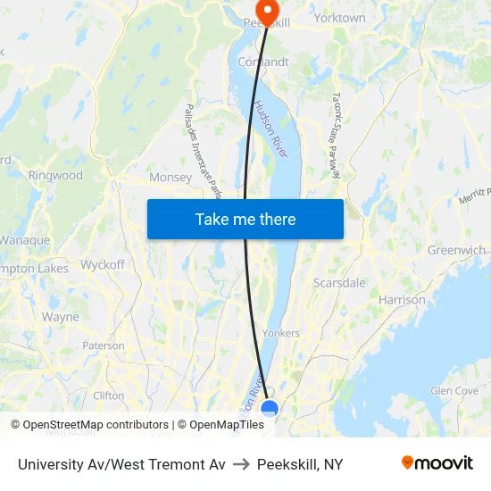 University Av/West Tremont Av to Peekskill, NY map