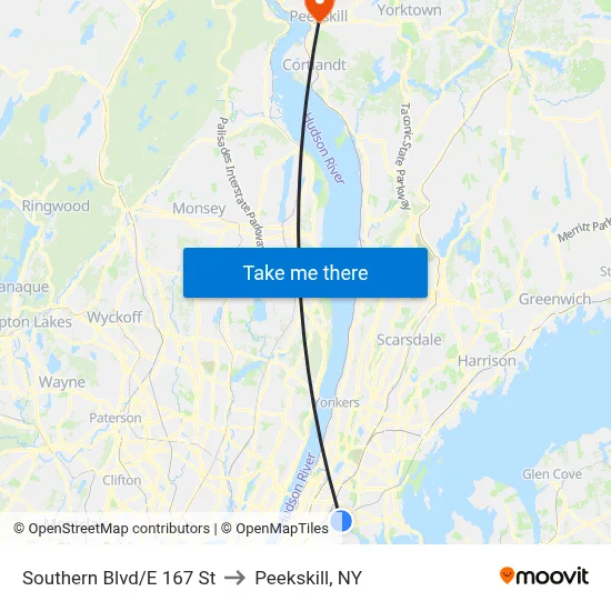 Southern Blvd/E 167 St to Peekskill, NY map