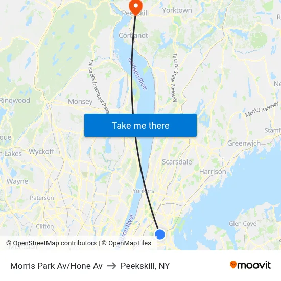 Morris Park Av/Hone Av to Peekskill, NY map
