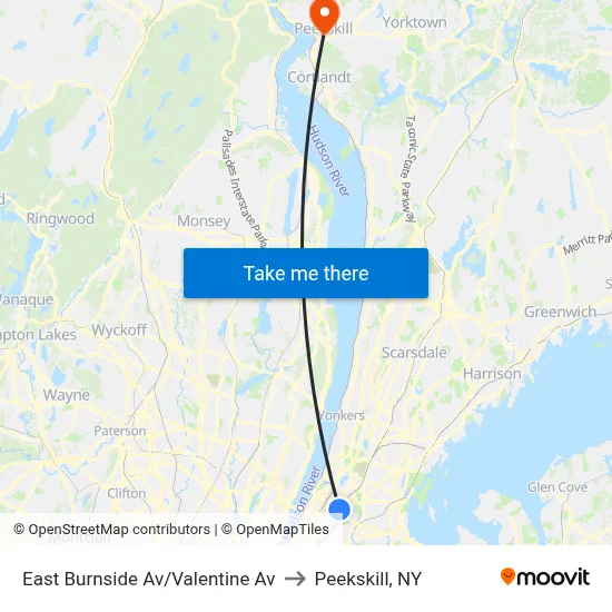 East Burnside Av/Valentine Av to Peekskill, NY map