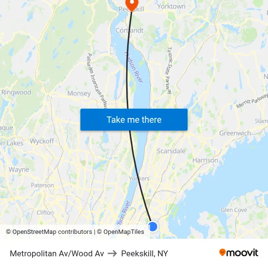 Metropolitan Av/Wood Av to Peekskill, NY map