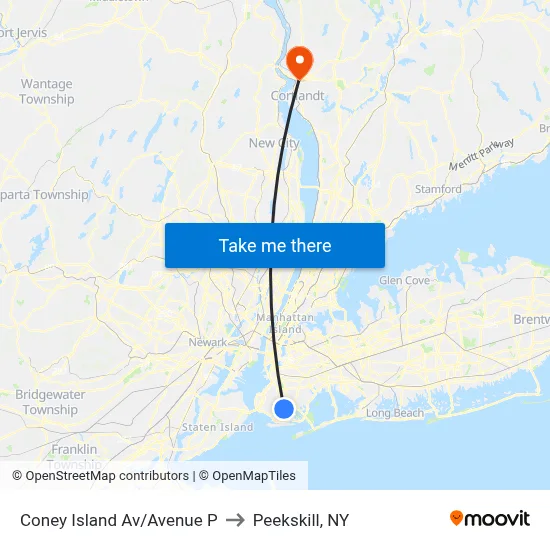 Coney Island Av/Avenue P to Peekskill, NY map