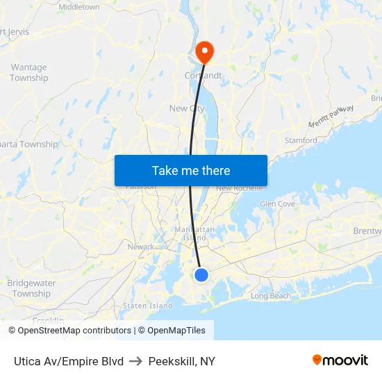 Utica Av/Empire Blvd to Peekskill, NY map