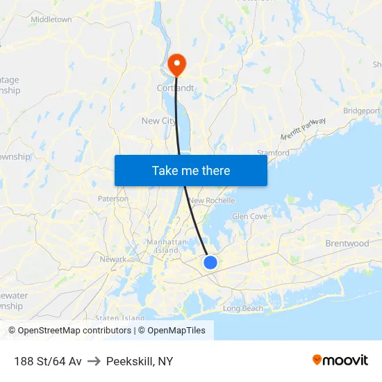 188 St/64 Av to Peekskill, NY map