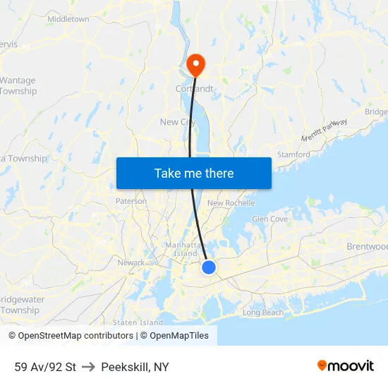 59 Av/92 St to Peekskill, NY map