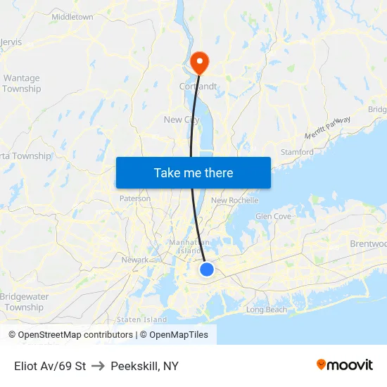 Eliot Av/69 St to Peekskill, NY map