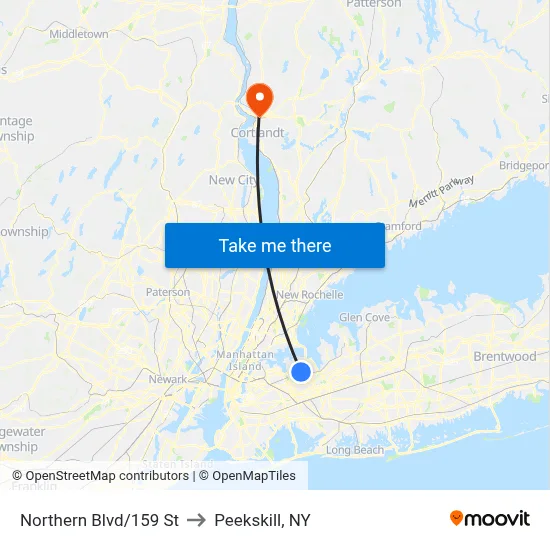 Northern Blvd/159 St to Peekskill, NY map
