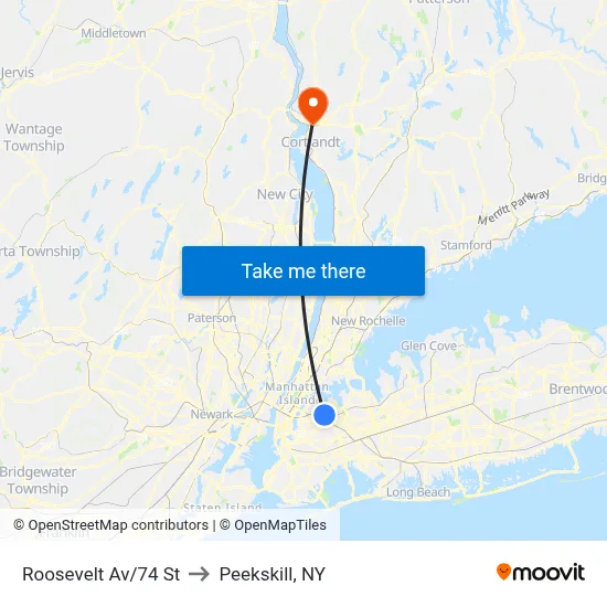 Roosevelt Av/74 St to Peekskill, NY map
