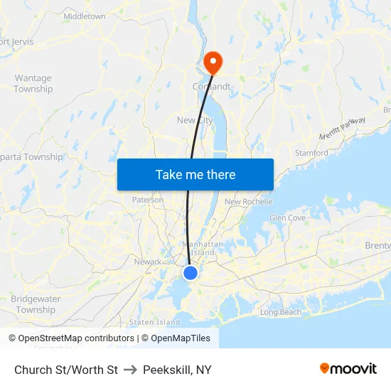 Church St/Worth St to Peekskill, NY map