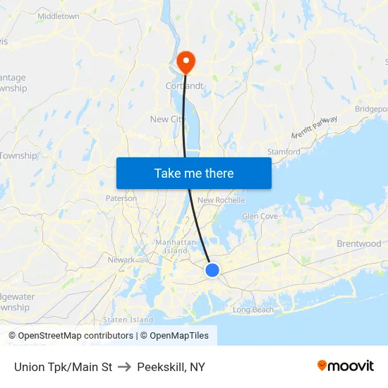 Union Tpk/Main St to Peekskill, NY map