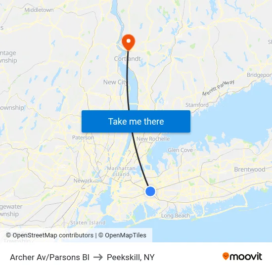 Archer Av/Parsons Bl to Peekskill, NY map