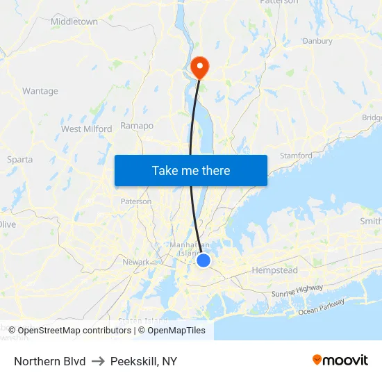 Northern Blvd to Peekskill, NY map