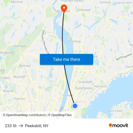 233 St to Peekskill, NY map