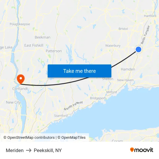 Meriden to Peekskill, NY map