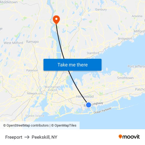 Freeport to Peekskill, NY map