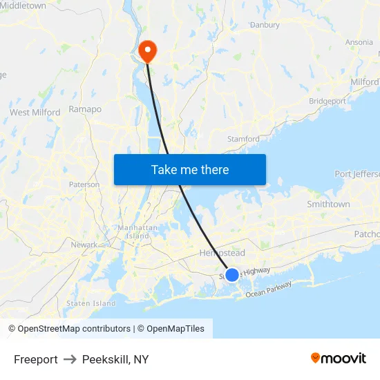 Freeport to Peekskill, NY map