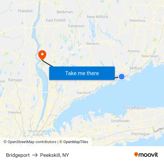 Bridgeport to Peekskill, NY map